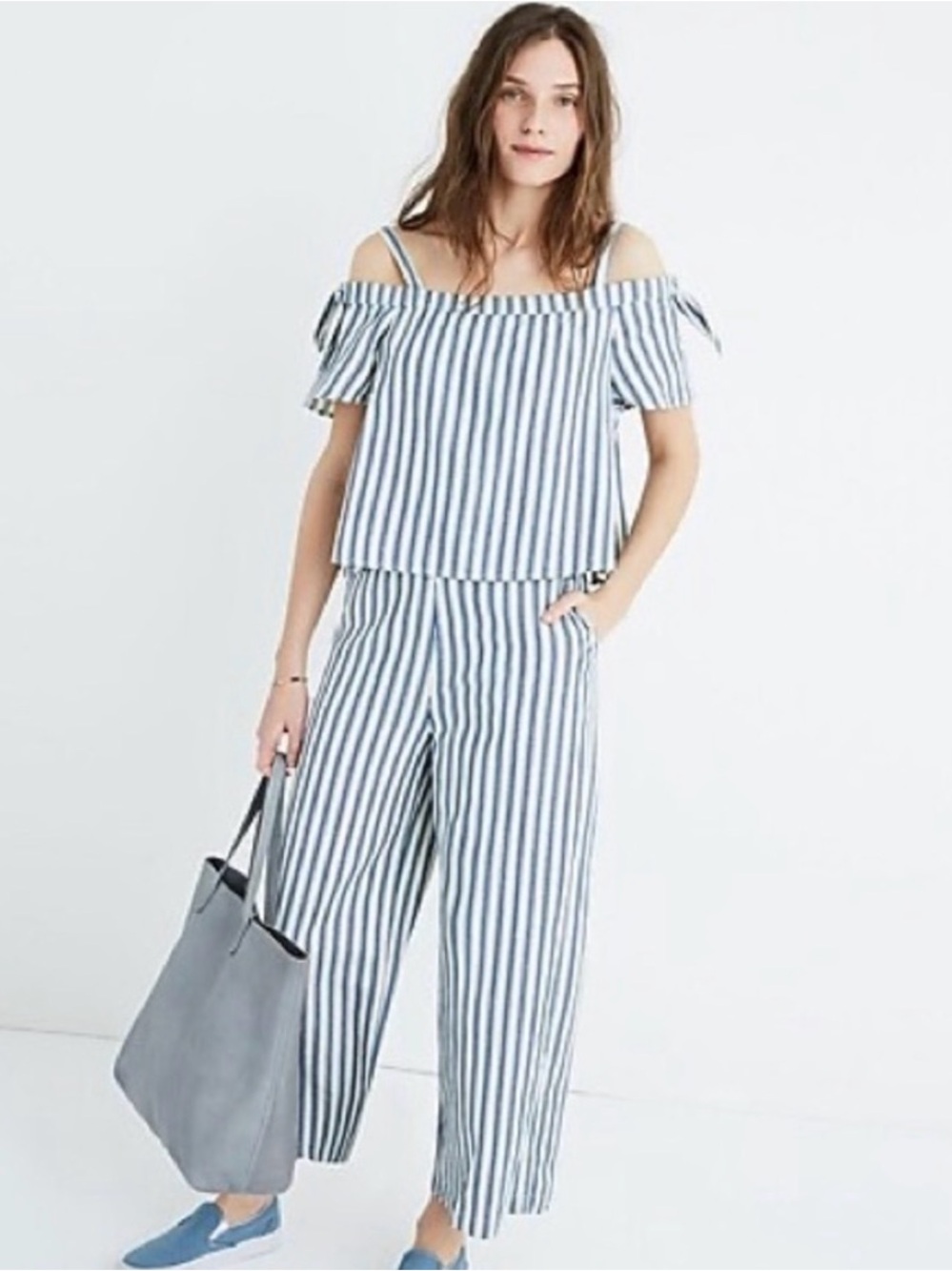 Madewell Blue and White Striped Off-Shoulder Wide-Leg Jumpsuit